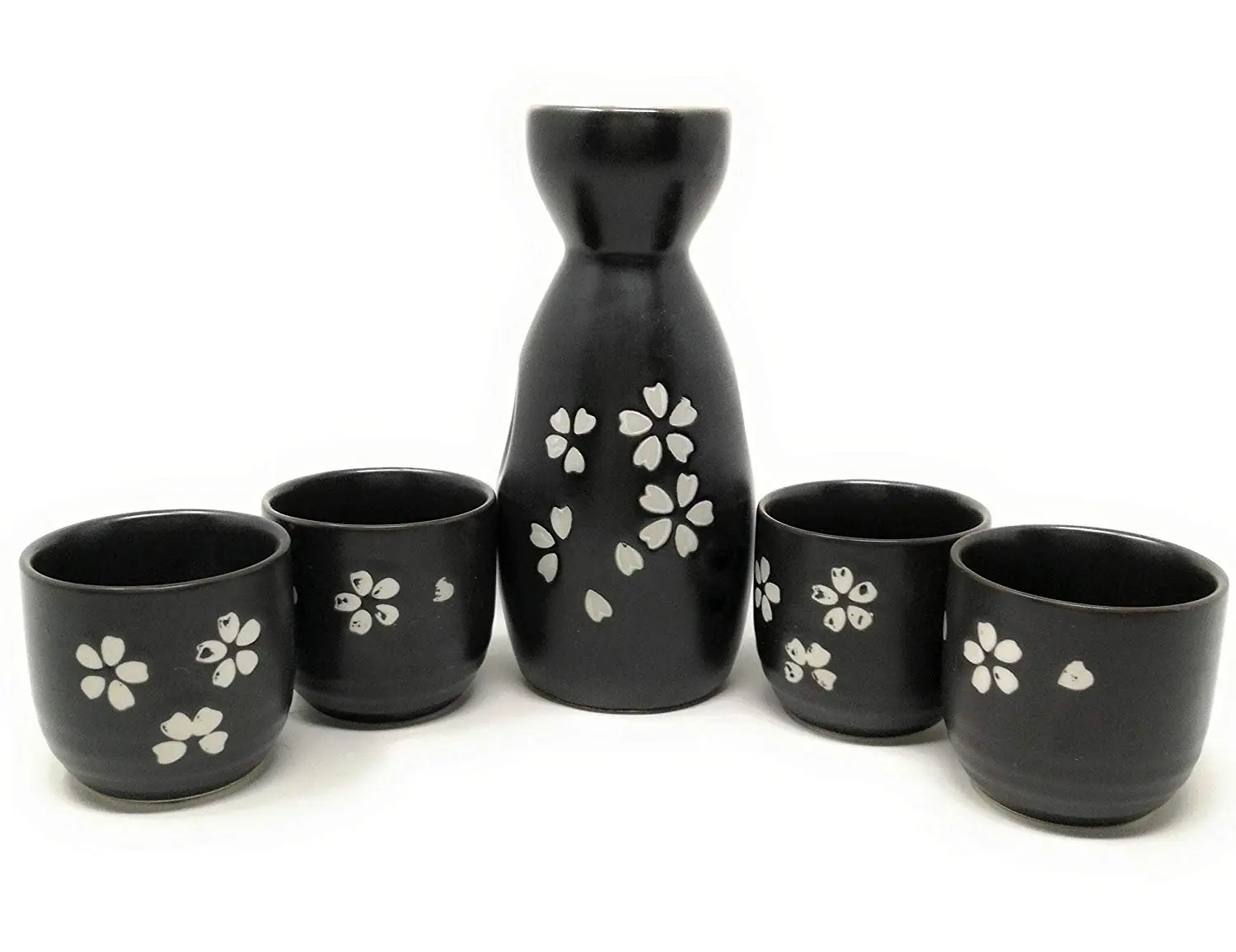 Thy Home 5-Piece Traditional Classic Form Ceramic Sake Set - 6oz Tokkuri Bottle/Carafe, 4 Ochoko Cups, Black & White Floral Petal Design Kitchenware for Hot/Cold Sake