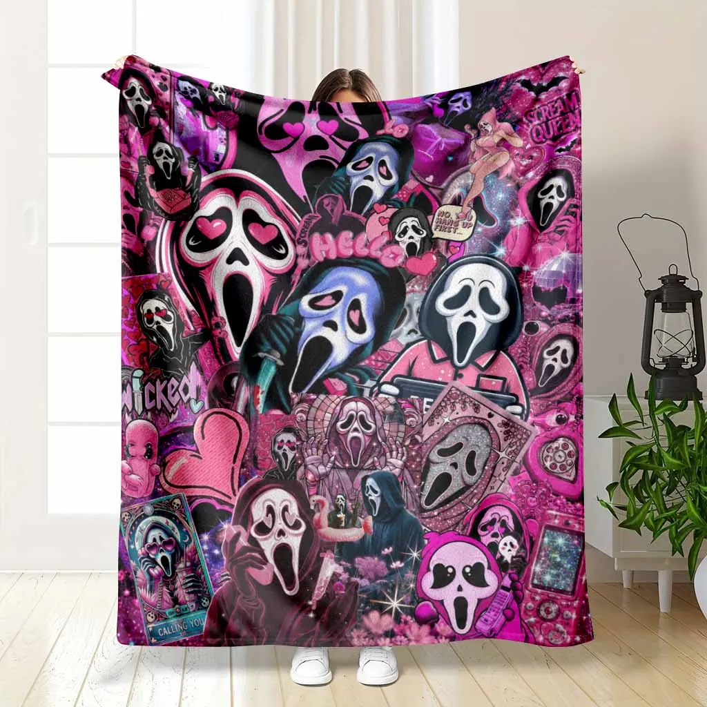 Horror Movie Villain Flannel Blanket Pink Aesthetic Ghost Face Pattern Ultra Soft Lightweight Warm Fleece Throw For Living Room Bedding Decor Sofa Couch Nap Travel Gift Anniversary Party