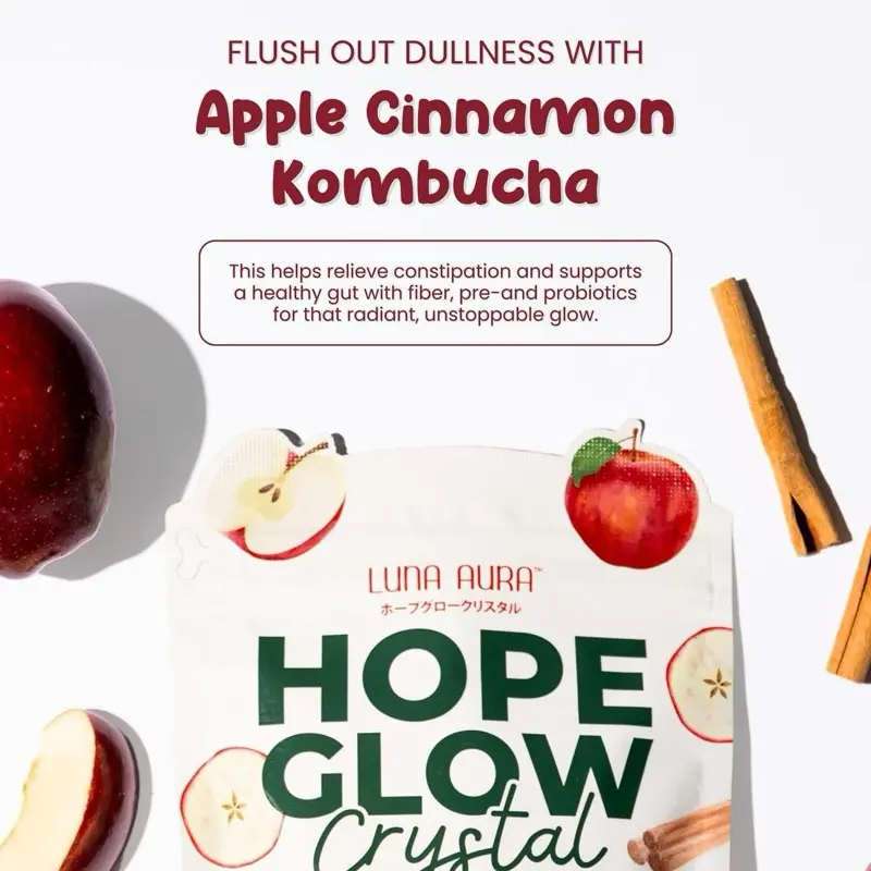 Luna Aura HOPE GLOW Crystal Apple Cinnamon Kombucha - Probiotic & Prebiotic Fiber Juice Drink (18g x 10 Sachets) with S-Acetyl Glutathione for Radiant Skin & Healthy Gut Support