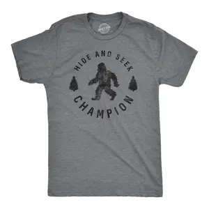 Mens Hide and Seek Champion T shirt Funny Bigfoot Tee Humor Cool Graphic Print Mens Funny T Shirts Cool Vintage Fashion T-Shirt Gift Classic Menswear Funny Camping Short Sleeve Novelty Tees for Guys Dark Grey