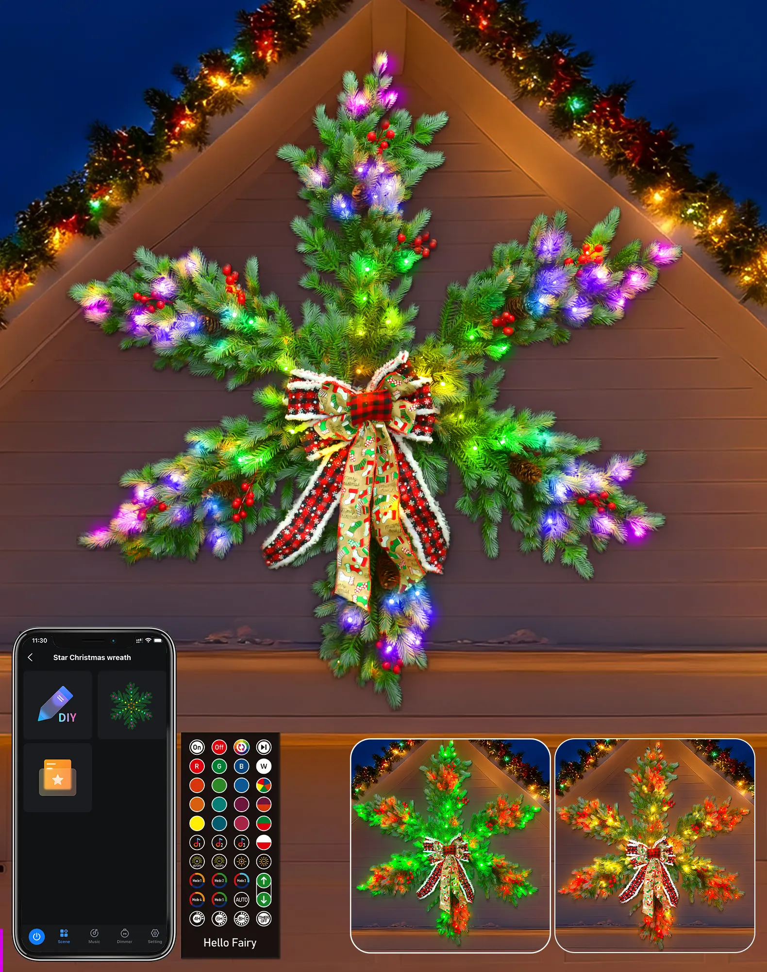 48 in Modern Pre-Lit RGB Color Changing PVC Christmas Wreath with Avatar Smart Controls, Bow, DIY Function, Dimmable Lights, Timer, Music - Giant Holiday Decor for Home Front Door, Window, Garage