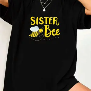 Women's Sister Bee Print T-Shirt - Short Sleeve Round Neck Casual Summer Top with Bee & Hexagon Design, Elastic Fit, Machine Washable Beekeeping-Themed Tee for Bee Lovers (Black/White) Black CLL T-shirts-9530