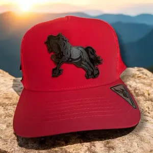 SnapBack Horse Trucker Red Hat with Black Plate Logo, Adjustable Fit