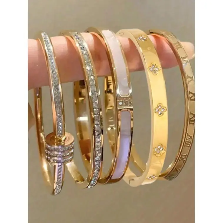 5Pcs Elegant Stainless Steel Stackable Bangle Bracelet Set Classic Trendy Stack Bangles For Women Dainty Fashion Jewelry Daily Wedding Party Holiday Accessories