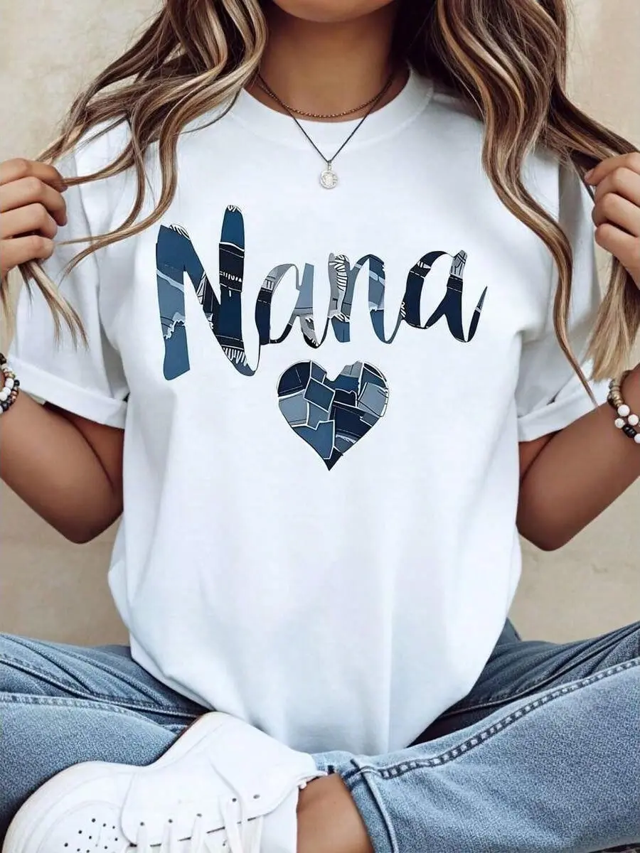 Women's Nana Graphic T-Shirt, Vintage Oversize Cotton Top with Minimalist Denim Print, Casual Lightweight Comfortable Short Sleeve Shirt, Grandma Gift, Baggy, Oversized