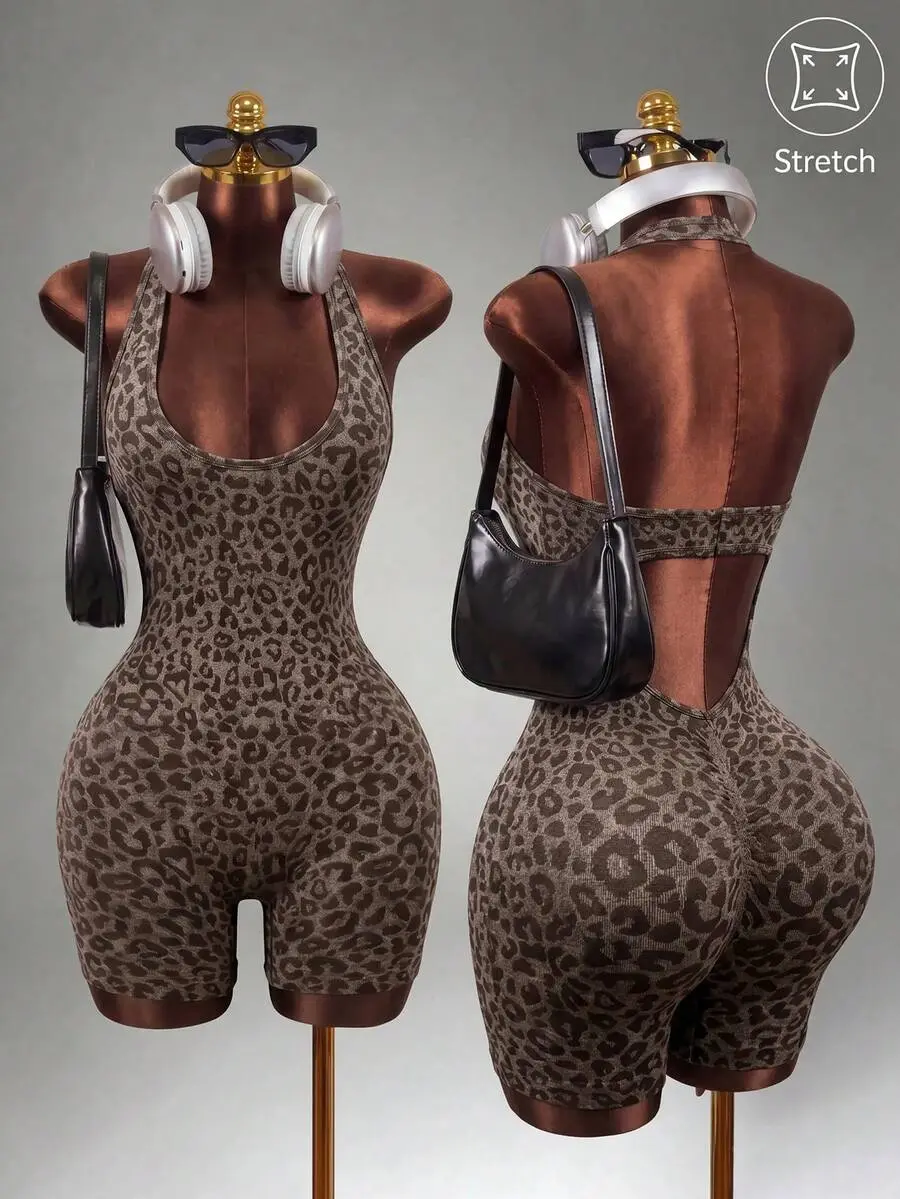 OFFGIRD x Mistrie Leopard Print Casual Outdoor Seamless Jumpsuit For Women Brown Bodysuit Sports