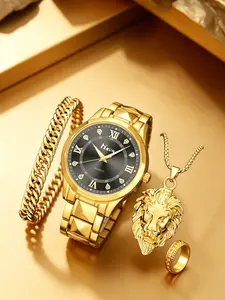 4pcs Men's Luxury Watch Set, Roman Numerals Analog Quartz Movement Watch, Lion Head Necklace, Bracelet, Ring, Perfect Gift for Him