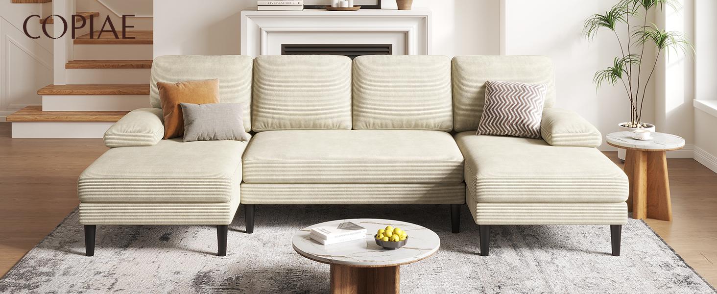 110" U-Shaped Sectional Sofa with Double Chaises, 4-Seater Ultra Deep Seat Chenille Couch for Living Room & Apartment
