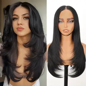 [AISI HAIR] Black Wig With Bangs Wear and Go Glueless Synthetic Lace Front Highlight Wigs for Women Pre Plucked Pre Cut Layered Black Wig Ready to Wear Middle Part 24 Inch