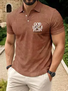 God Has Plans Text Pattern Short Polo Shirt, Minimalist Faith Classic Casual Top, Fitted Style, Print Design, Men's Fashion Clothing