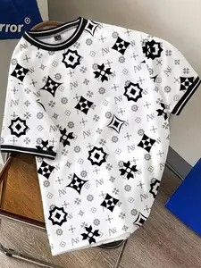 Men's Y2K Geometric Pattern T-Shirt, Breathable Polyester Fabric, Casual Street Style Short Sleeve Round Neck, Summer Fashion Choice, Streetwear