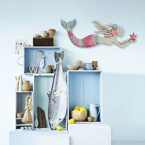 Wooden Mermaid Beach Wall Decor Rustic Hanging Mermaid Plaque Sign Nautical Ocean Themed Swimming Mermaid Wood Wall Art Sculpture Farmhouse Decor Decoration Decorative Gift Metal Ornaments Hand Photo Hangable