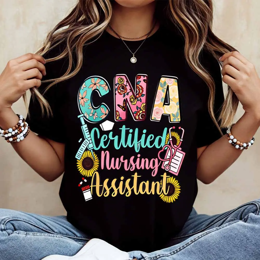 Cna Certified Nursing Assistant Floral Design T Shirt Women Casual Short Sleeve Top