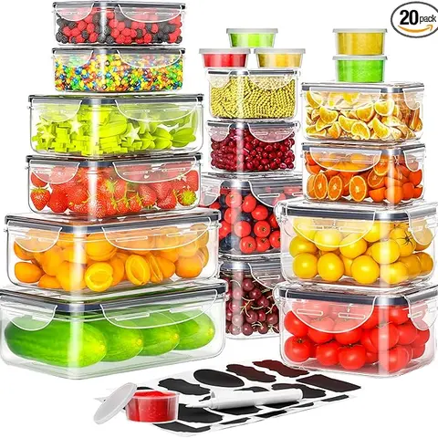 GHQ Stackable Airtight Storage Containers Organizer Set (20 Containers + 20 Lids, 40 Pcs Total) - Anti-Leak, Reusable, BPA Free Food Storage, Multiple Sizes, W/ Labels & Pen, Free Delivery for Kitchen Organization