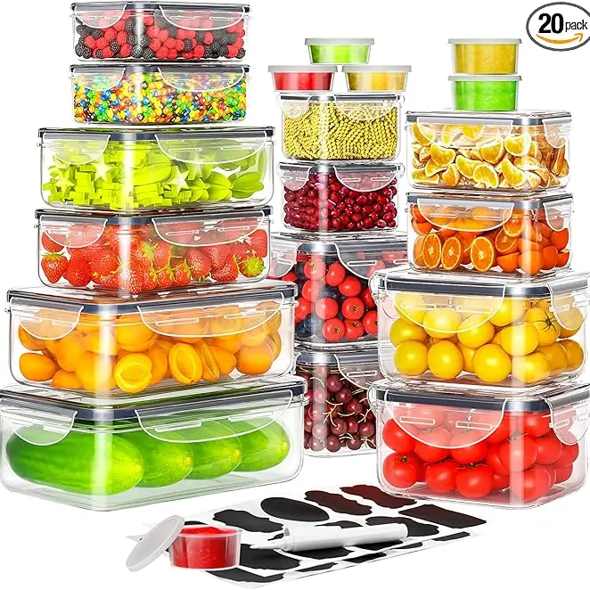 GHQ Stackable Airtight Storage Containers Organizer Set (20 Containers + 20 Lids, 40 Pcs Total) - Anti-Leak, Reusable, BPA Free Food Storage, Multiple Sizes, W/ Labels & Pen, Free Delivery for Kitchen Organization