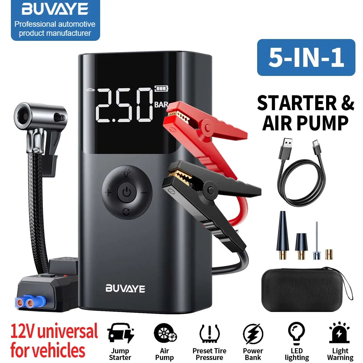 Jump Starter with Air Compressor,  BUVAYE 3500A 150PSI Portable Car Battery Jump Starter Pack, for Up to 9.0 Gas/8.0L Diesel Engine, 12V Jump Box with USB Quick Charge/3 Modes Lights/Large LCD Display Kit