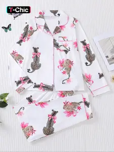 Women's Leopard Print Pajama Set, Fitted Long Sleeve Top & Elastic Pants, Casual Home Wear, Spring & Fall Sleepwear, Loungewear Pjs Pyjamas Womenswear