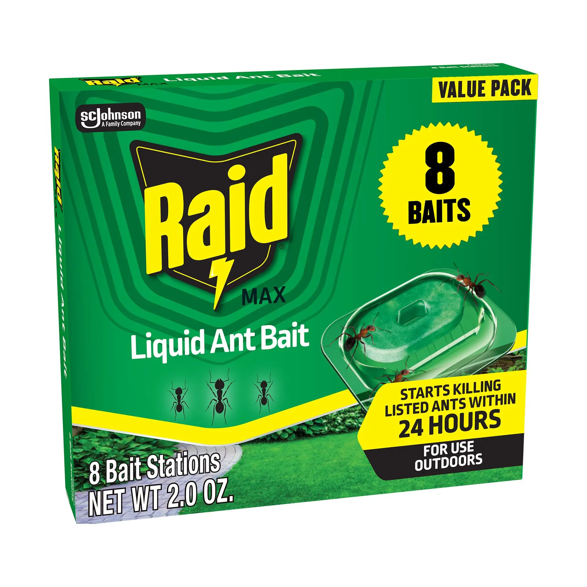 Raid Outdoor Liquid Ant Bait Home Pest Control, Pre-Filled Ready-to-Use Bait Stations, Kills Listed Ants Within 24 Hours, Effective Outdoors, 8 Stations Per Pack, 2 fl oz