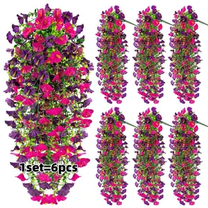 6 Pcs Spring Artificial Hanging Flowers, Faux Silk Morning Glory, UV Resistant, Trailing Vine for Porch Patio Garden