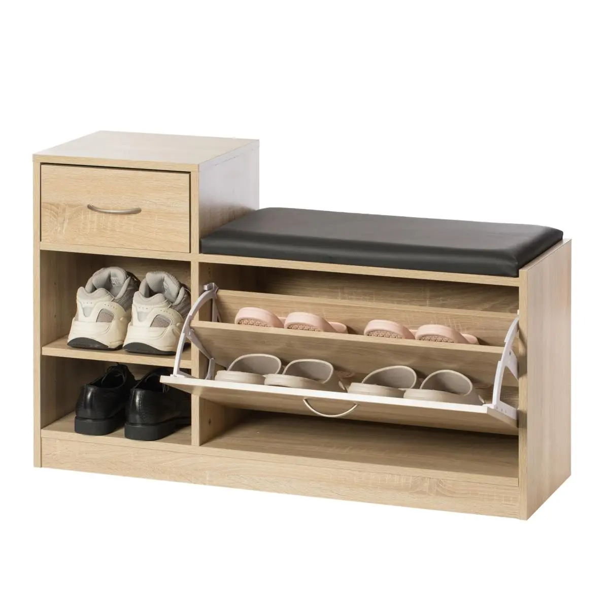 212 MAIN Backless Rectangle Solid Oak Wooden Entryway Folding Storage Ottoman - Upholstered Cushion Stool, Dual-Use Bench, 24" H X 37.5" W X 12" D, Hallway Footstool with Fold-Out Rack for Shoe Organization, Upholstered Cushion Stools