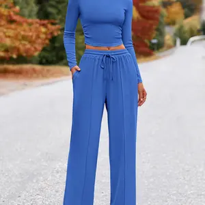 2-Piece Ribbed Knit Long Sleeve Crop Top Wide Leg Pants Matching Lounge Set Loungewear