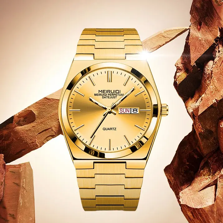 Men's business quartz watch with stainless steel strap, white dial with date display, high quality luxury waterproof watch. power matic