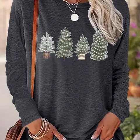 Women's Christmas Tree Print Round Neck Tee, Casual Long Sleeve Crew Neck T-shirt for Fall & Winter, Women's Top for Daily Wear