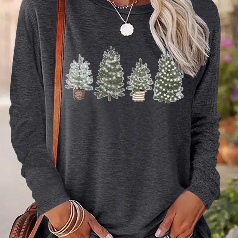 Women's Christmas Tree Print Round Neck Tee, Casual Long Sleeve Crew Neck T-shirt for Fall & Winter, Women's Top for Daily Wear