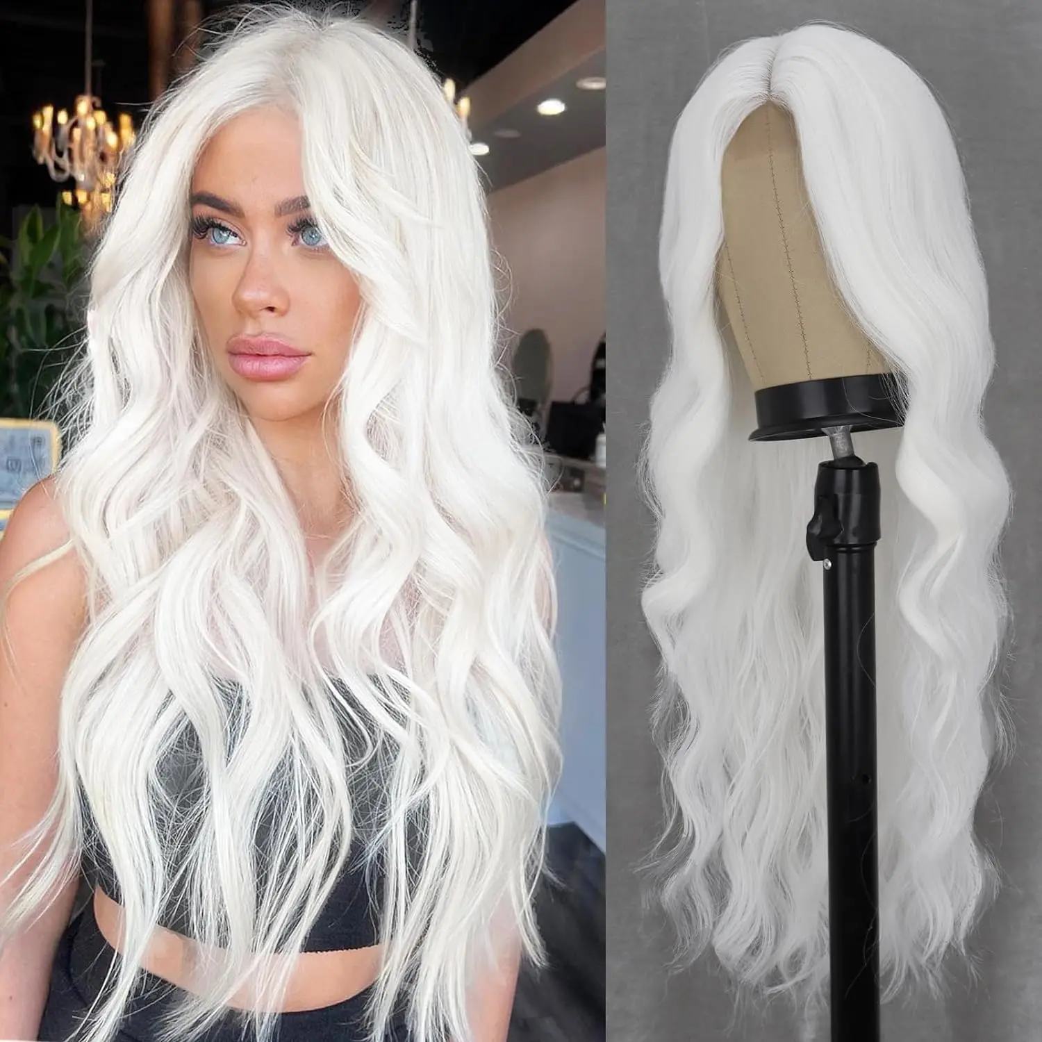 White Wig Long White Wavy Wigs for Women Middle Part Cosplay Wigs 26 inch Natural Curly Synthetic Wig Heat Resistant Fiber Wigs for Daily Party Use