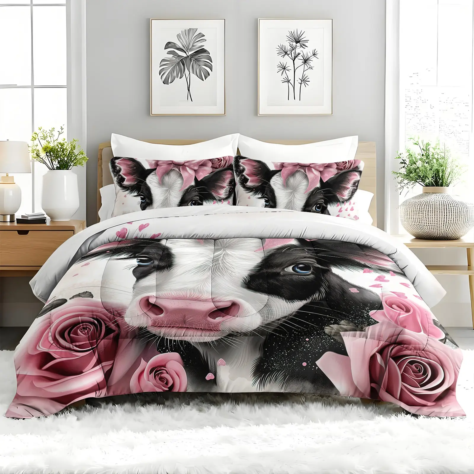 Queen Size Pink Cow & Rose 3-Piece Breathable Duvet Set - Microfibre Bedroom Bedding, 2 Machine Washable Duvet Covers, Cute Farm Animal Themed Warm Lightweight All-Season Comforter for Girls’ Bedrooms, Family Gifts, Duvet Cover Sets