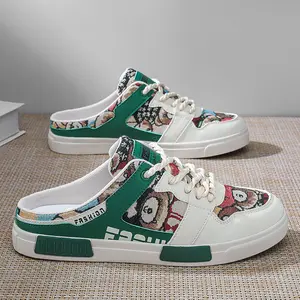 Men’s trendy backless sneakers | Fashion slip-on mules with graffiti print | Breathable half slippers for casual streetwear and outdoor walking