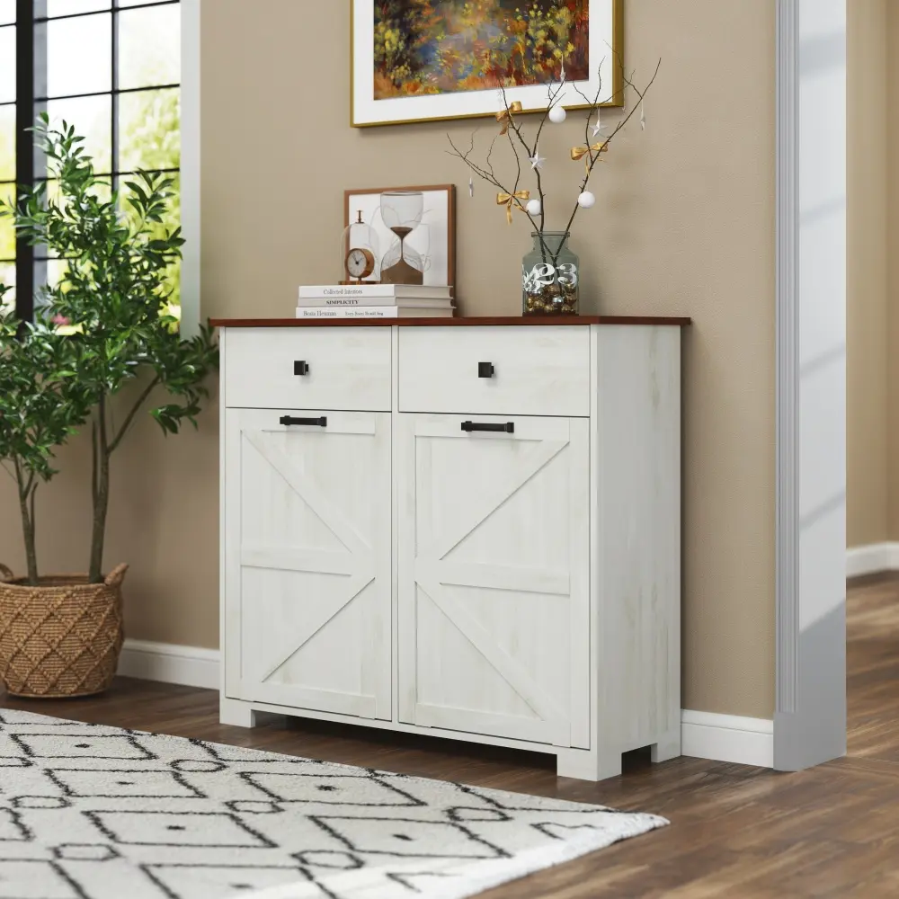 Rustic Farmhouse Double Tilt-Out Trash Storage Sideboard Cabinet, Engineered Wood Free-Standing Unit with Barn Doors, Hideaway Drawer & 20-Gal Trash/Recycling Capacity, for Kitchen & Laundry Rooms, Sideboard Storage Cabinet, Trash Storage Cabinet