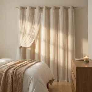 French Romantic Two-Layer Cloth Light-Blocking Finished Curtain, Fashionable Hole Drapery for Living Room, Stylish and Trendy Window Covering