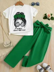 Two-piece Set Girl's Figure Letter Print Tee & Belted Straight Leg Pants Set, Round Neck Short Sleeve T-shirt & Elastic Waist Trousers for Daily Wear, Kid's Summer Clothes, Fashion Clothes Set, Fashion Style Sets