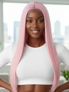 13x4 Light Pink Long Straight Hair Wig, Free Parting Synthetic High-Temperature Fiber, Pre-Bleached Wear and Go Cosplay Daily Use Headband Wigs