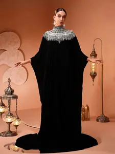 Middle Eastern Embellished Robe, Luxurious High Neck Cloak Dress, Ethnic Loose Beaded Long Gown, Vintage Plus Size Ceremony Dress