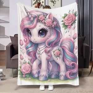 Unicorn Print Flannel Blanket, Soft Comfortable Lightweight Warmth Sofa Throw, Holiday Gift Blanket for All Seasons, Ideal for Bed Office Camping Travel