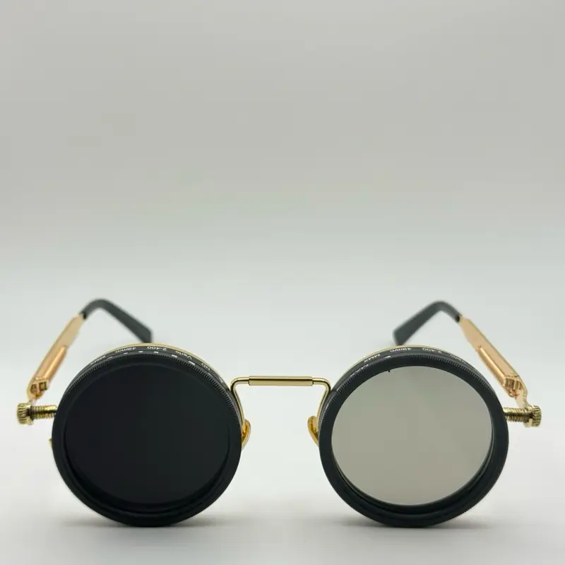 Unisex Round Sunglasses with Gold Statement Frame, Vintage Metal Double Bridge, Polarized UV Blocking Lenses with Adjustable Tint - Trendy Fashion Shades, Uv Blocking Sunglasses, Collectibles, Trendy Streetwear Sunglasses, Statement Frame Glasses