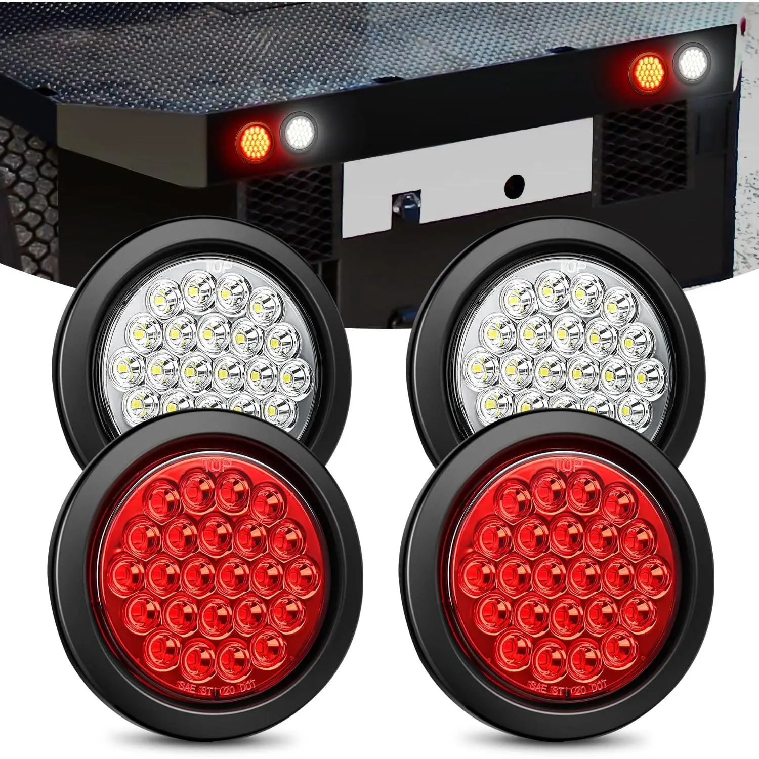 Nilight 4-Piece LED Trailer Tail Lights - 4in Round Flush Mountable, Grommet Plugs, IP67 Water Resistant, Luminous Brightening White/Red Brake Signals, 12V Secure Reverse Lights for Trucks, Boats