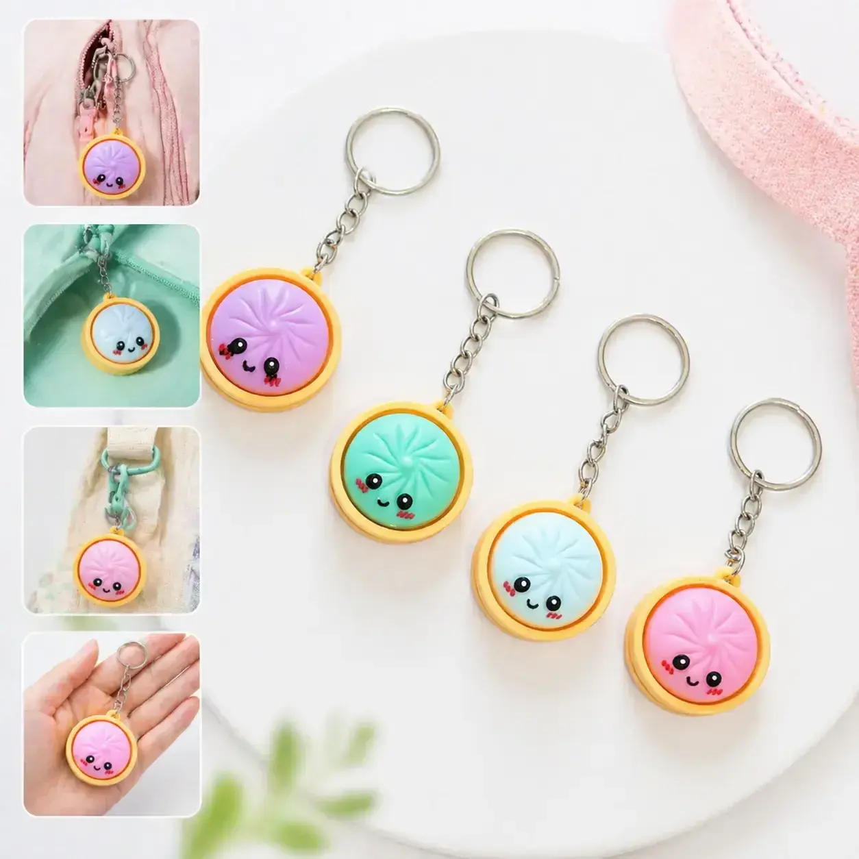 Kawaii Whimsical Cartoon Face Eco-Friendly Dumpling Form Plush Mini Keychain - Durable, Lightweight Chain-Attached Bag Charm, Daily Everyday Keychain Kawaii Toys for Kids' Backpack, Birthday Gifting