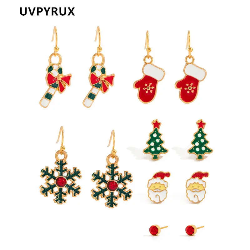 Christmas Earrings 6 Pair/Set: Candy Cane Snowflake Tree Santa Claus Dangle Earrings & Studs Festive Holiday Earrings Set Jewelry