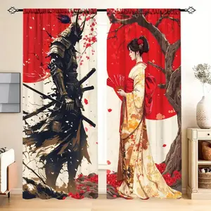 2pc Japanese Samurai and Beautiful Lady Print Curtains, Pocket Rod Installation, Polyester Drapes for Living Room & Bedroom Decor