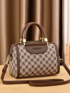 Vintage Floral Letter Print Boston Bag, Retro Patchwork Shoulder Crossbody Bag, Women's Commuter Versatile Pillow Bag