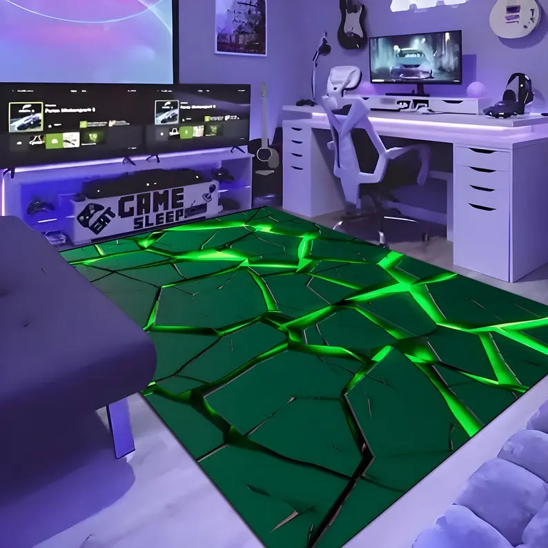 3D Huge Crack Living Room, Green Neon Rug, Slit Rug, Optical Illusion Rug, Game Chair Rug, Gamer Rug, Gaming Teppich, Popular Rug, Area Rug