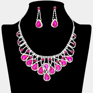 Hot Pink Teardrop and Rhinestone Embellished Collar Necklace Set | Fuchsia Prom Necklace Sets |  638873