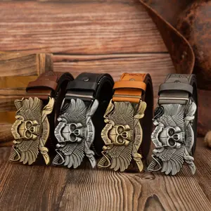 Western Cowboy Double Sword Wing Skull Buckle Vintage Punk European and American PU Leather Belt