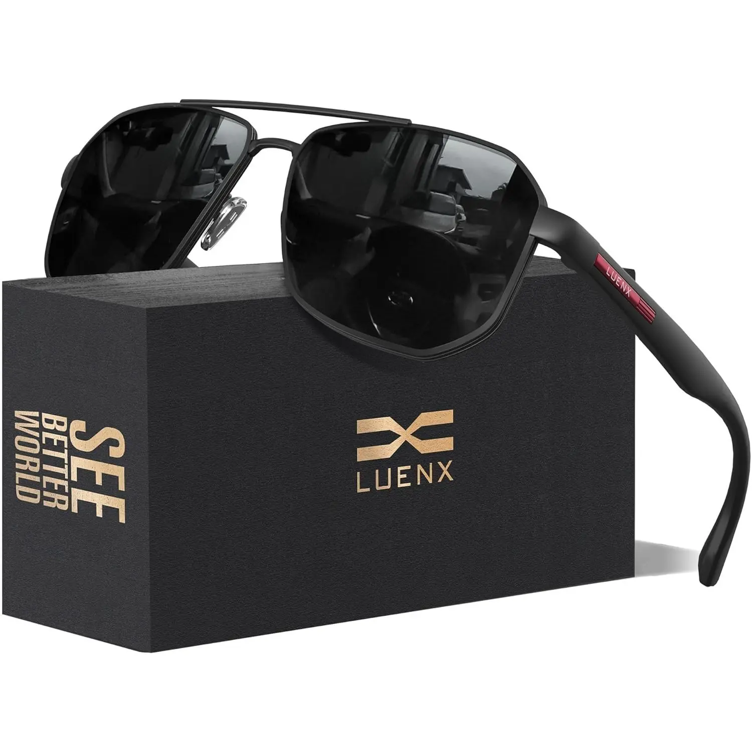LUENX Aviator Sunglasses for Men Square Polarized Polygon Lens - UV 400 Protection with Accessories Driving Outdoor Luenx