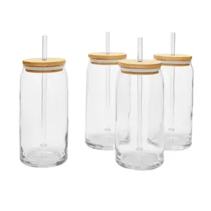 Briar Can Glass Drinkware with Lids & Straws Set of 4 Clear Glass Tumblers with Bamboo Lids and Straws