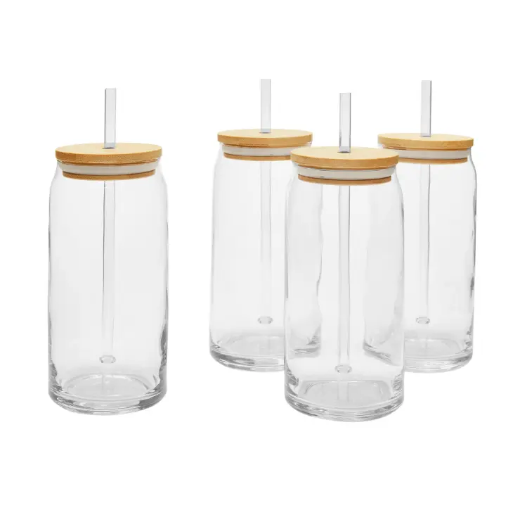 Briar Can Glass Drinkware with Lids & Straws Set of 4 Clear Glass Tumblers with Bamboo Lids and Straws