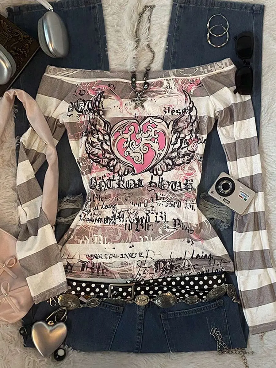 Women's Y2K Sweet Pink Angel Heart Print Striped One-Shoulder Long-Sleeved T-Shirt, Grunge Punk Y2k, Back-To-School Gift